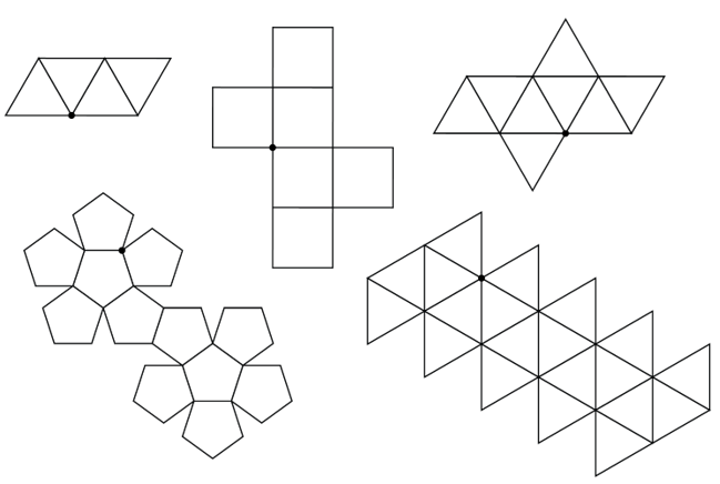 Nets for the 5 platonic solids.