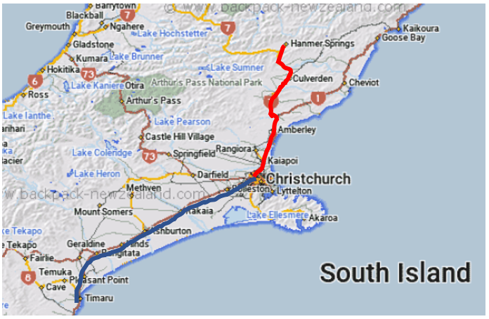 A map of part of the South Island, showing the road from Christchurch to Hanmer Springs.