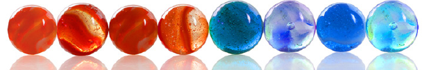 A row of four red marbles and four blue marbles.