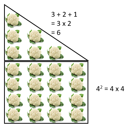 Pattern two 'chunked' as a square of cauliflowers (4 x 4) and a triangle ( 3 + 2 + 1).