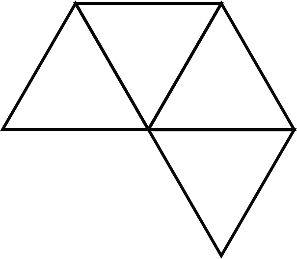 An incomplete tetrahedron net. 4 triangles are arranged around a central point. If two more triangles were added to the the arrangment, a hexagon would be formed.