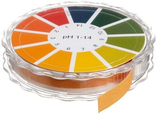 Image of a universal indicator colour chart giving the whole number pH scale 1-14.