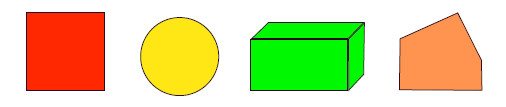 Decorative image of a square, circle, cuboid, and irregular pentagon.