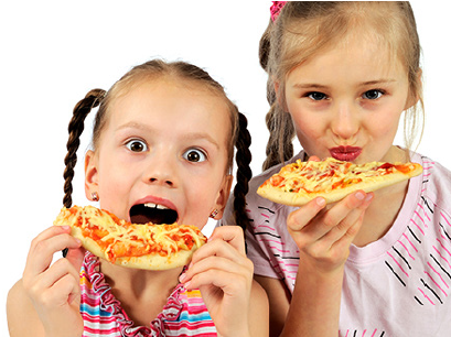 Decorative image of children eating pizza.
