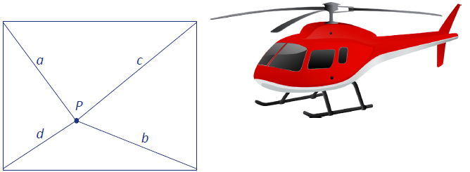 A helicopter and a rectangular region. The rectangle contains diagonal lines, of unequal lengths, which run from each corner to the midpoint (P) of the shape. Starting from the left corner and moving clockwise, the diagonal lines are labelled a, c, b, d.