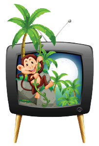 Decorative image of a monkey emerging from a TV