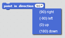 A Sprite command box stating “point in direction: 90”.