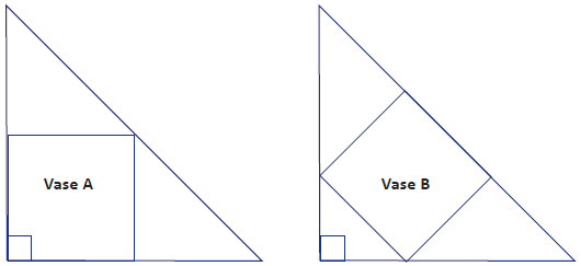 Sol's serviettes. On one serviette, the base of the square vase sits flat against the base of the triangle. On the other, the square vase is rotated so that one corner of the square vase touches the base of the triangle. The opposite corner (and one side) of the square touches the long side of the triangle.