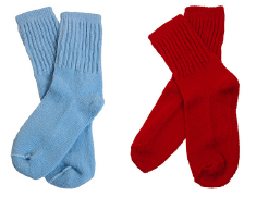 Decorative image of two pairs of socks - one red and one blue.