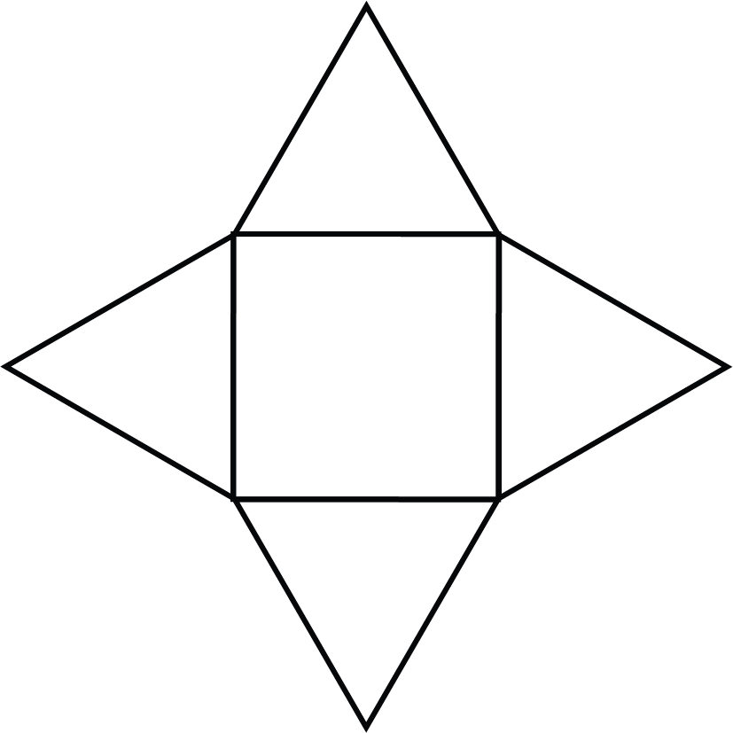 A net for a square-based pyramid. It consists of a square, with each side attached to the side of one of four identical, equilateral triangles.