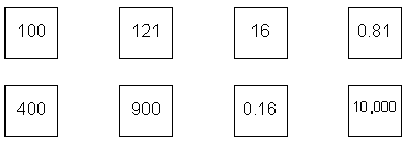 This image shows 8 numbers in boxes: 100, 121, 16, 0.81, 400, 900, 0.16, and 10,000.