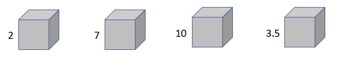 This image shows four cubes with different edge lengths: 2, 7, 10, and 3.5.