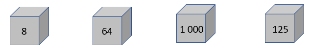 This image shows four cubes with different volumes: 8, 64, 1 000, and 125.