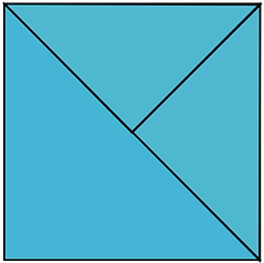 A square cut into three pieces. One cut is made from the bottom right corner to the top left corner. Another diagonal cut is made from the middle of the previous cut to the top right corner. 
