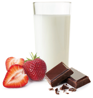 Decorative image of milk, chocolate, and strawberries.