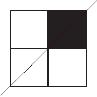 Fred's four tiles. 3 are white and the top right tile is black (to represent the broken tile). A diagonal line passes through the tile from the bottom left to the top right corner.