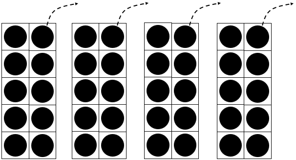 Four ten-dot tens frames. Arrows indicate that one dot will be removed from each frame to create four 9-dot frames.