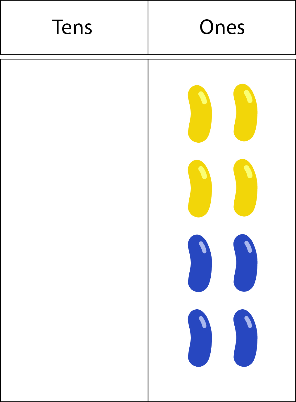 Image of a two-column place value board (tens and ones) displaying eight single beans in the ones column.