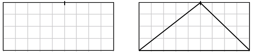 Image of two 9x4 rectangles with grid overlay. The instructions for drawing a triangle are demonstrated. They have resulted in the drawing of an isosceles triangle.