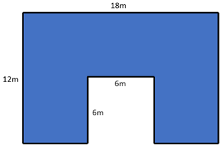 Blue rectangle 18m wide by 12m high with a square cut out in the middle at the bottom measuring 6m by 6m.