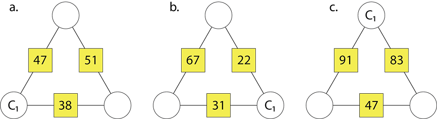 Three triangle arithmagons, with c1 as one corner number for each.