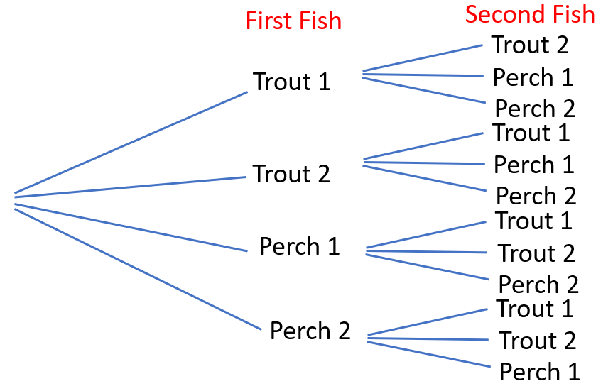 A tree diagram showing the probabilities of catching different fish.