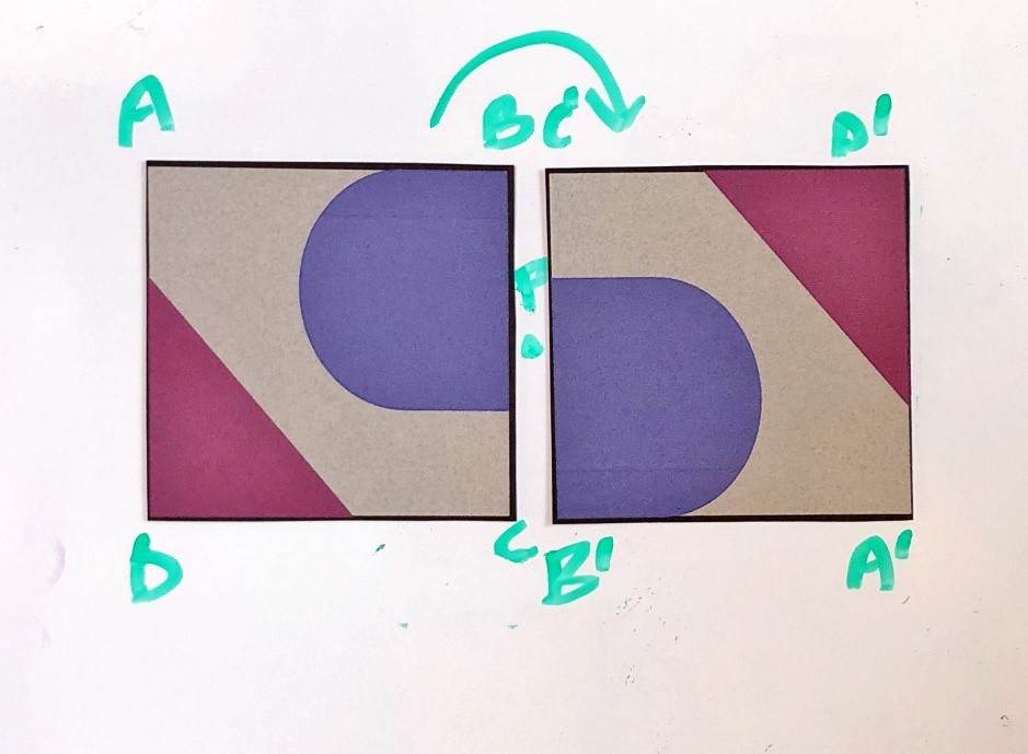 Image of a pattern block going through a half-turn rotation.