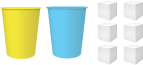 Image of 1 yellow cup, 1 blue cup, and 6 single cubes.