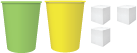 Image of 1 yellow cup, 1 green cup, and 3 single cubes.