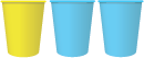 Image of a yellow cup and two blue cups.
