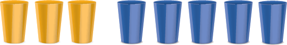 Three yellow cups and five blue cups.