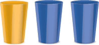 A group of one yellow cup and two blue cups.