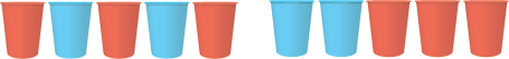 Image of 5 cups of the left with 3 red and 2 blue, and 5 cups on the right with 2 blue and 3 red.