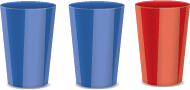 Two blue cups and one red cup.
