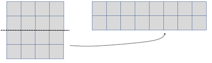 This diagram shows how making one straight scissor cut, and moving and taping the pieces of a 20-square square, makes a rectangle with a perimeter of 20 centimetres.