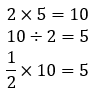 Image of the following equations:2 x 5 =10, 10 / 2 = 5, 1/2 x 10 = 5.