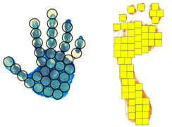 A handprint covered in counters and a footprint covered in tiles.