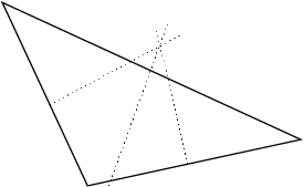 Diagram showing the 'splitting the sides' method of finding the central location of a triangle, which does not give a sensible solution.