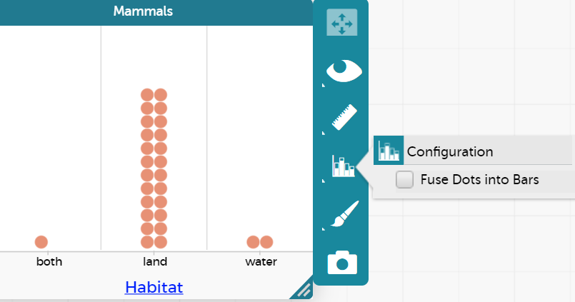 This diagram shows a bar graph constructed from dots on CODAP, and the configuration icon.
