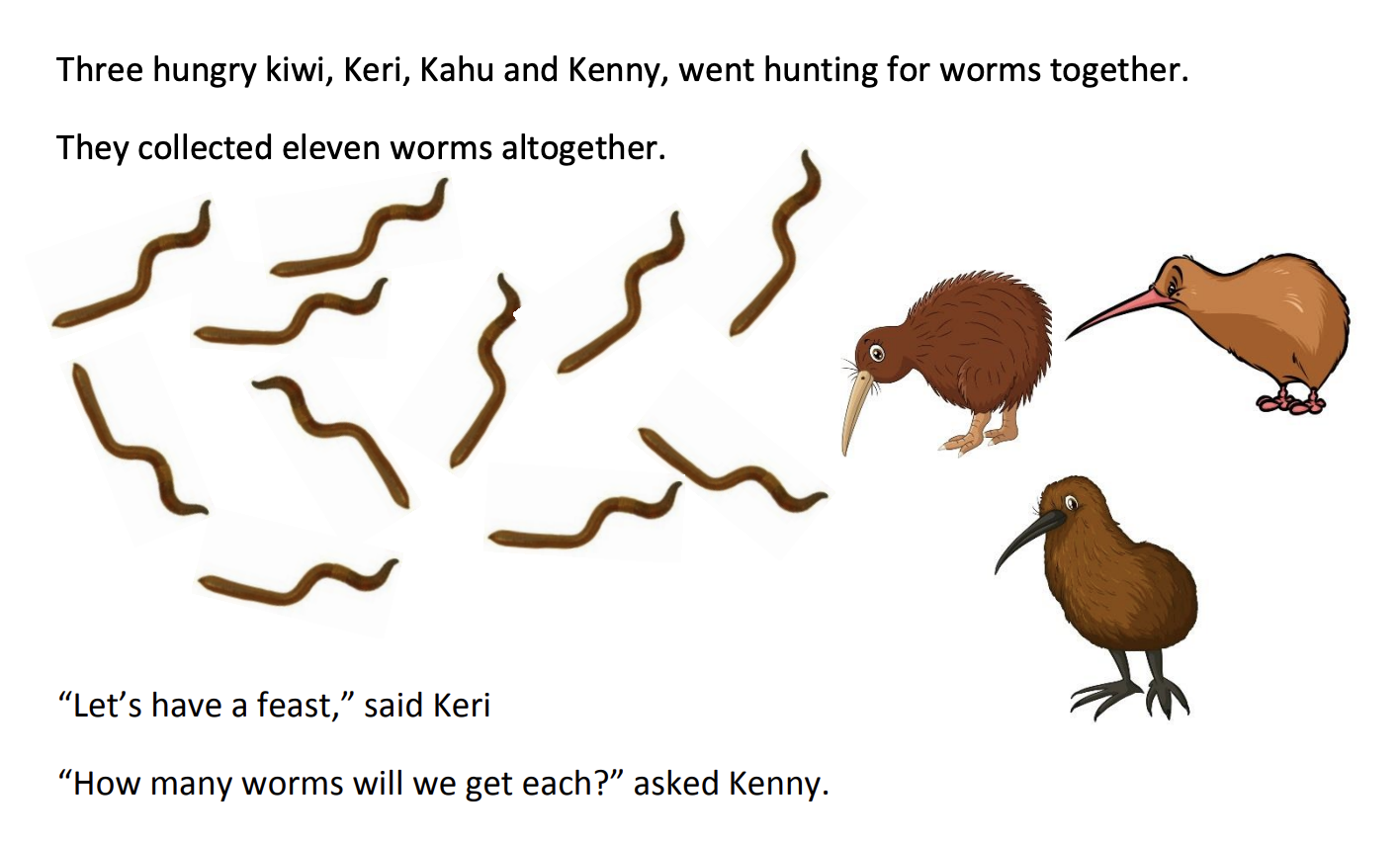Problem sharing 11 worms between 3 kiwi.