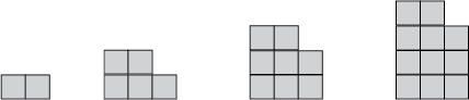 A pattern of blocks arranged into towers. The first tower is 2 blocks in a horizontal line. With each term, 3 blocks are added to the tower (two on top, and one to the right of the previous term).