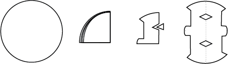 Diagram showing the process of folding a circle of paper into quarters, cutting parts out, and unfolding to see the symmetry along the fold lines.