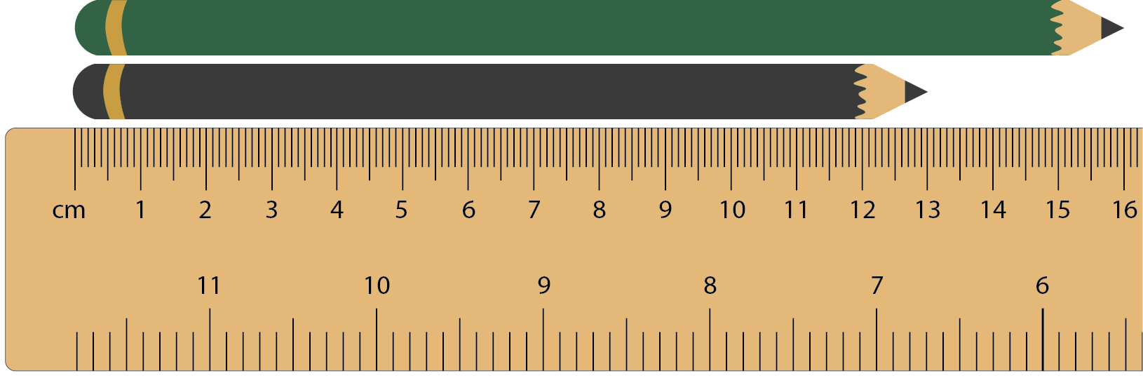 Image of two pencils aligned against a ruler.