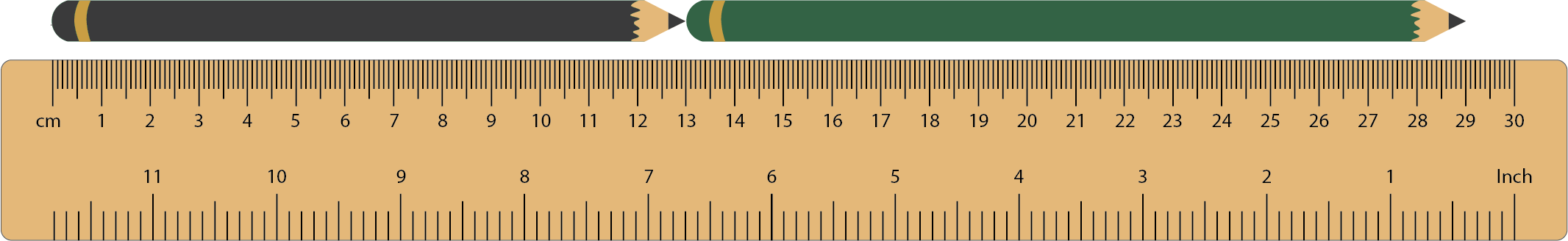 Image of two pencils aligned end-on-end against a ruler.