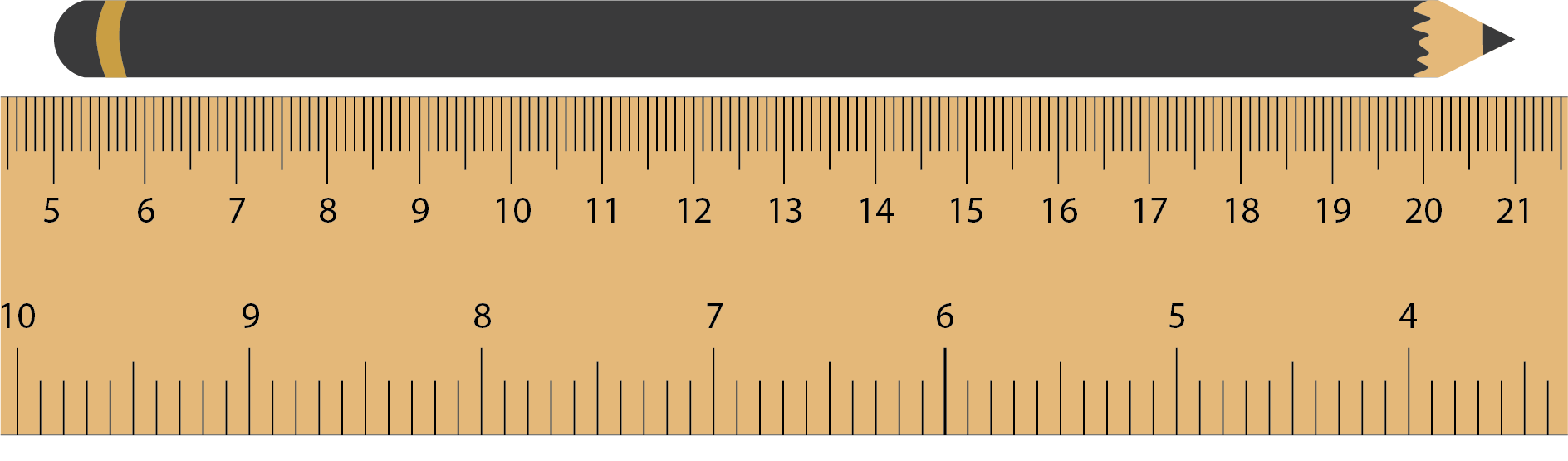 Image of a ruler being used to measure the length of a pencil. The beginning of the pencil is aligned with the 5 cm mark on the ruler.