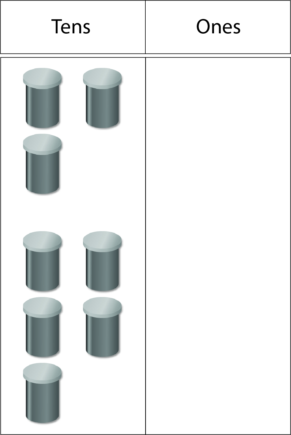 Image of a two-column (tens and ones) place value board displaying 8 ten-bean canisters in a tens column. The canisters are grouped as a group of 3 and a group of 5.