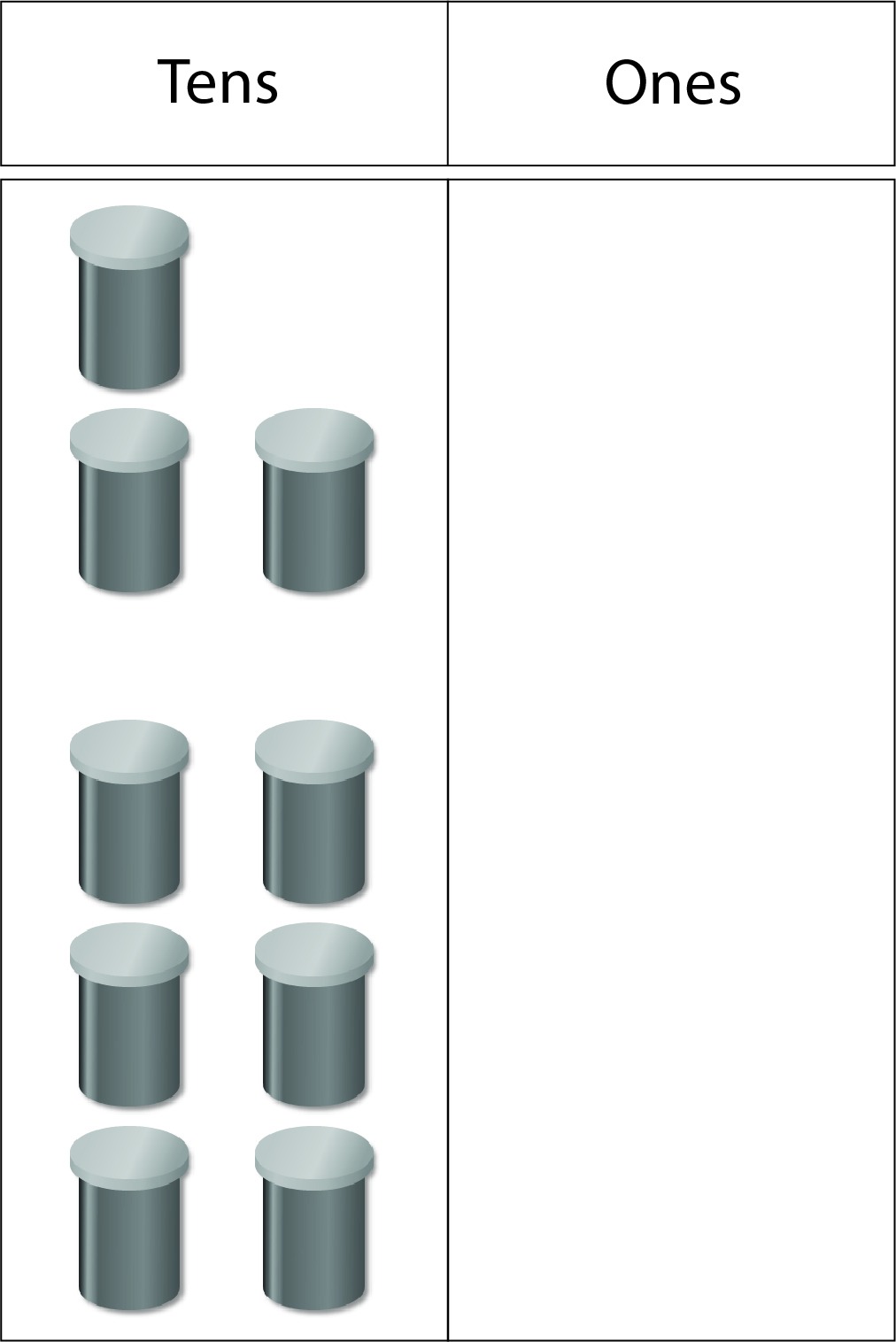 Image of nine ten-bean canisters, organised into a group of three and a group of six, in the tens column of a two column (tens and ones) place value board.