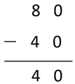 Image of a vertical written algorithm recording 80 - 40 = 40.