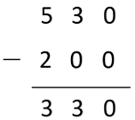 Image of a vertical written algorithm recording 530 - 200 = 330.