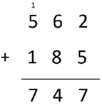 Image of a vertical written algorithm recording 562 + 185 = 747.